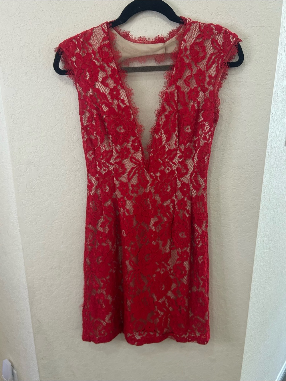 Aidan Mattox Red Lace Cocktail Dress with Nude Lining
